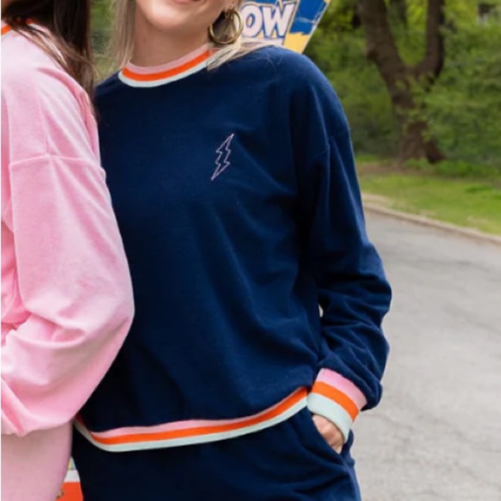 Navy Blue Crew Neck Sweater with Preppy Lightning Bolt